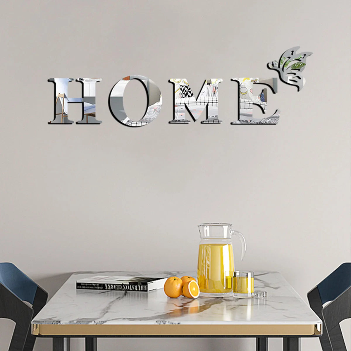 HOME 3D Mirror Wall Sticker – Silver Letter Sign for Entrance & Living Room Decor