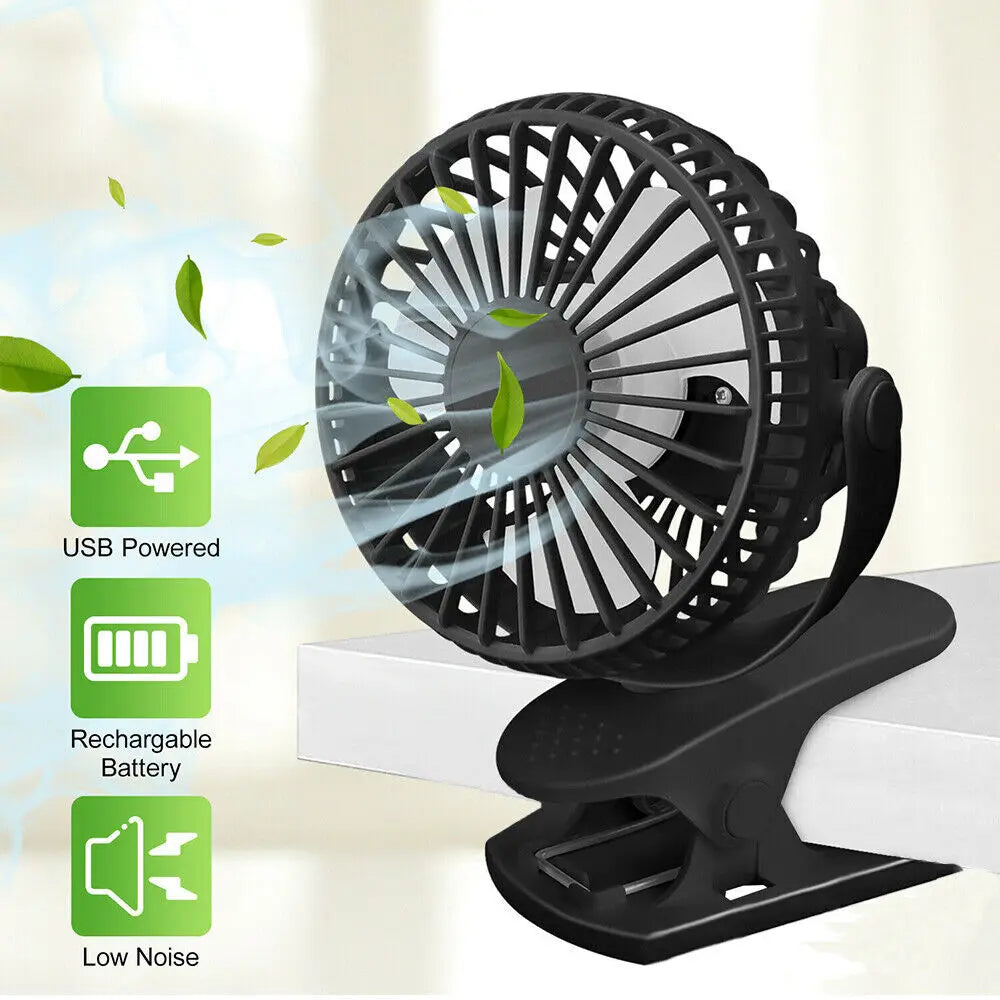 Home Sweet Home portable clip-on mini fan clipped to a surface, compact and lightweight for personal cooling.