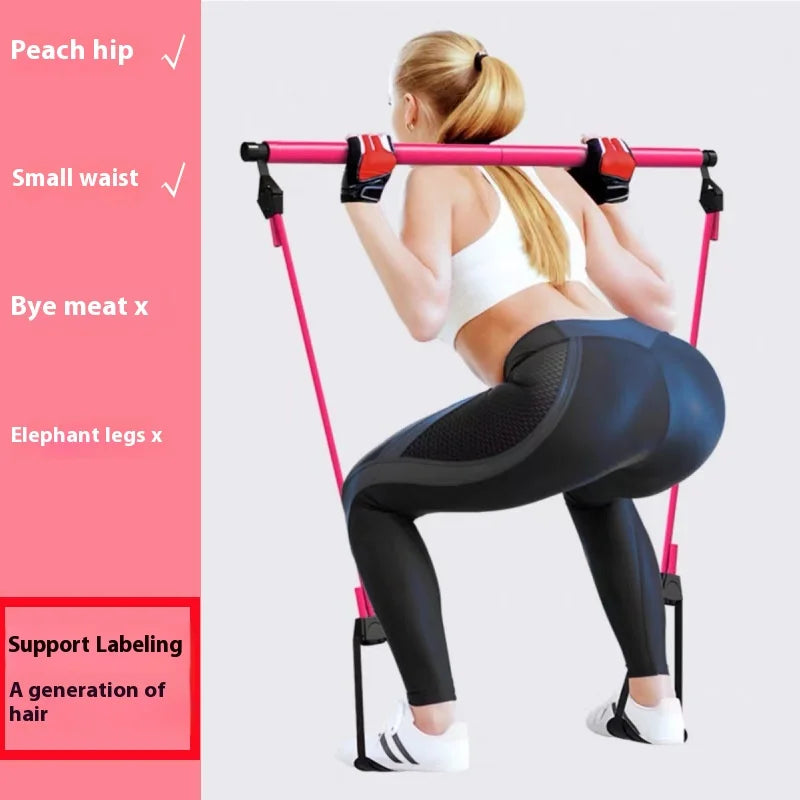 Home Sweet Home Pilates Stick Fitness Bar with adjustable rod and elastic resistance bands for full-body workout exercises.