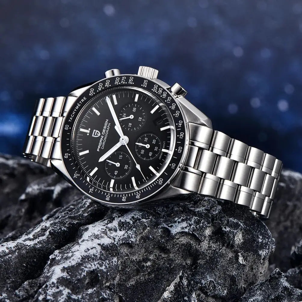 PAGANI DESIGN Moonwatch chronograph watch with black dial and stainless steel band, showcasing detailed watch face and classic design