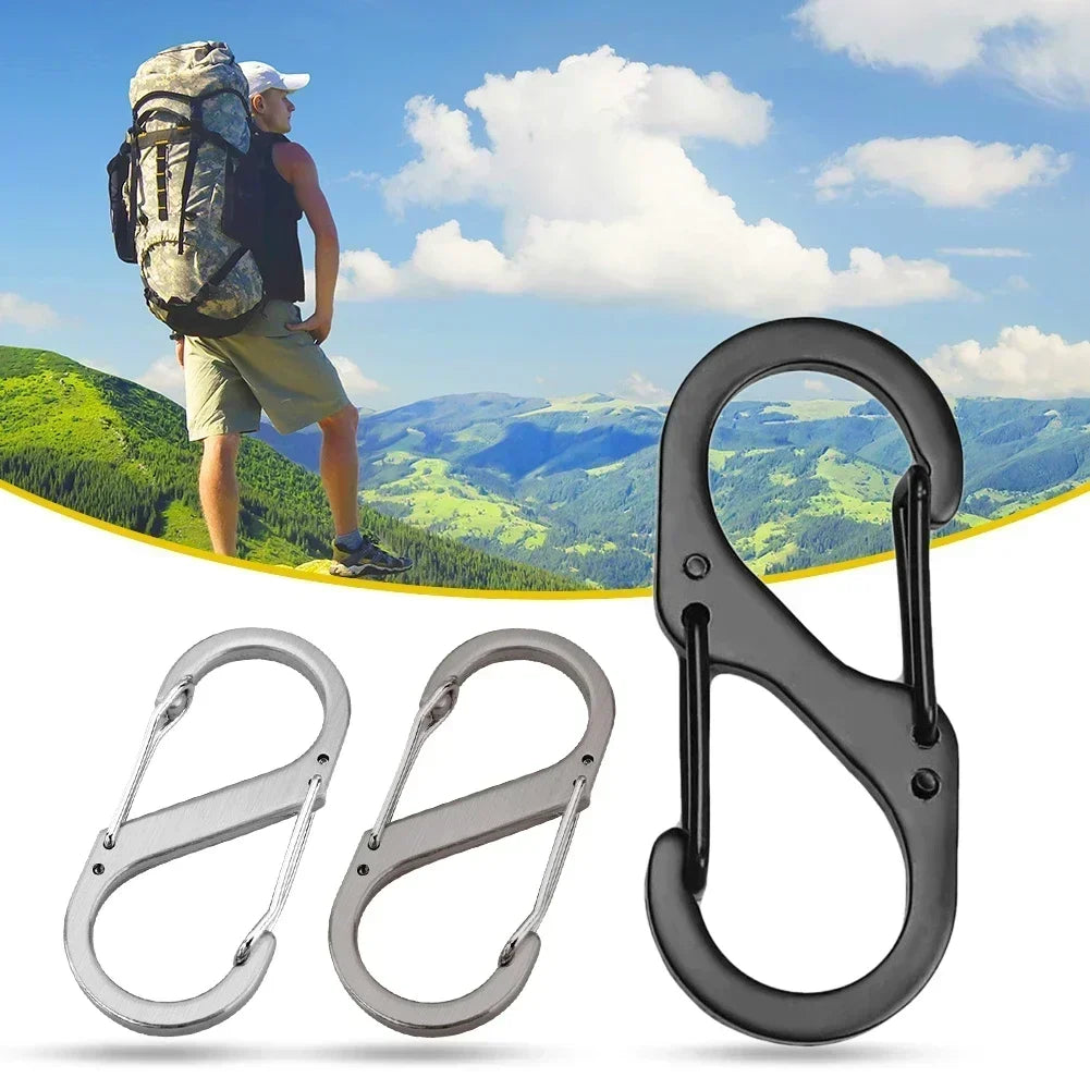 Set of ten stainless steel S-type carabiner clips by Home Sweet Home, showing sturdy metal clips with spring gates for versatile use.