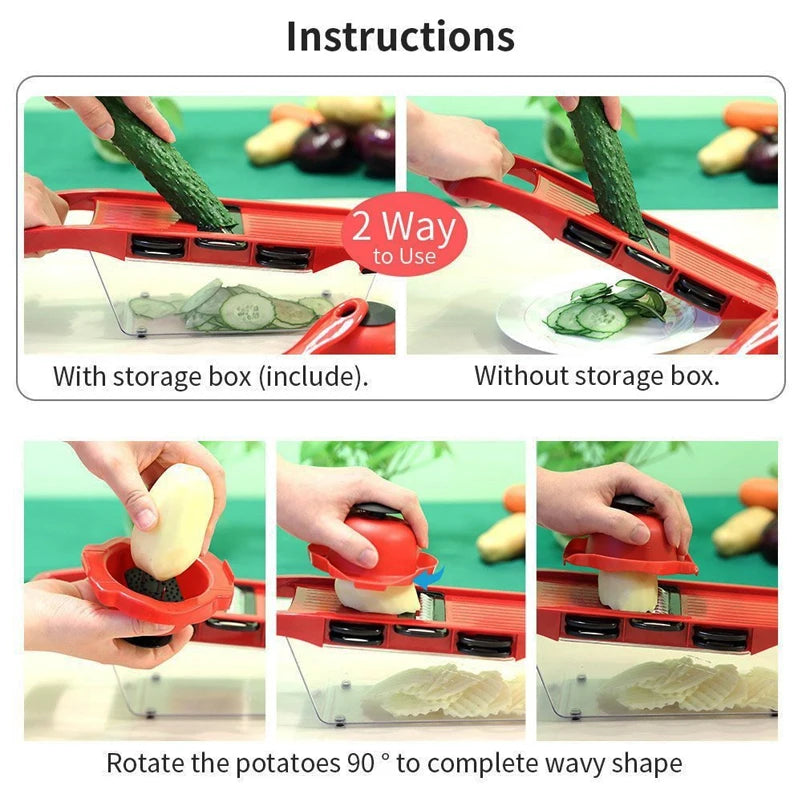 Multifunctional vegetable chopper from Home Sweet Home with stainless steel blades and colorful plastic container for easy food prep.