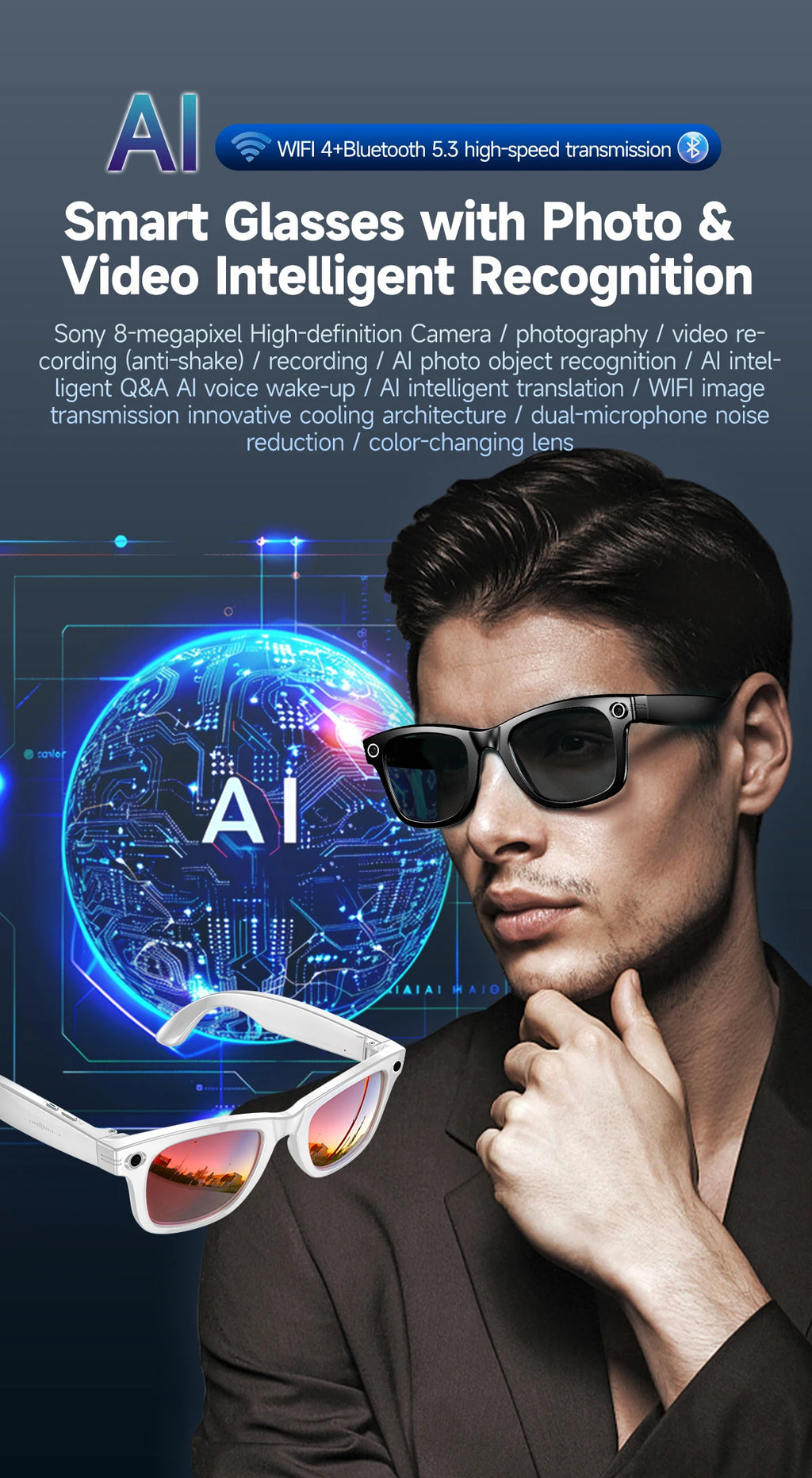 AI Smart Glasses — 800MP Camera, ChatGPT 4.0, Bluetooth & Real-Time Translation