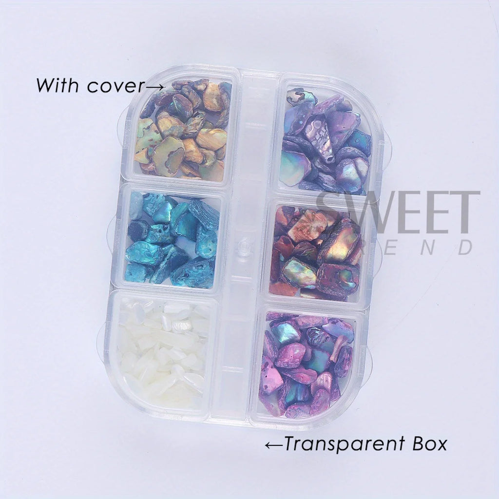 Aurora Abalone Shell Nail Art Decoration Set with 6-grid pearl gemstone kit, featuring colorful abalone shells and pearl accents.