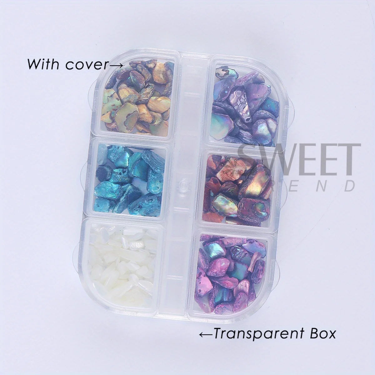 Aurora Abalone Shell Nail Art Decoration Set with 6-grid pearl gemstone kit, featuring colorful abalone shells and pearl accents.
