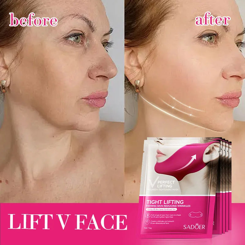 Home Sweet Home V-Shape Firming Face Mask shown on a model's face, highlighting its contoured design for facial lifting and firming.