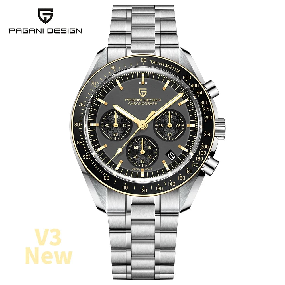 Home Sweet Home PAGANI DESIGN Moonwatch Chronograph Watch with black dial, stainless steel band, and multiple subdials.