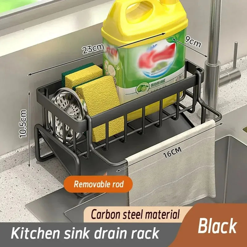 Kitchen Sink Drain Rack & Storage Shelf – No-Drill ABS Organiser with Towel Bar & Drip Tray