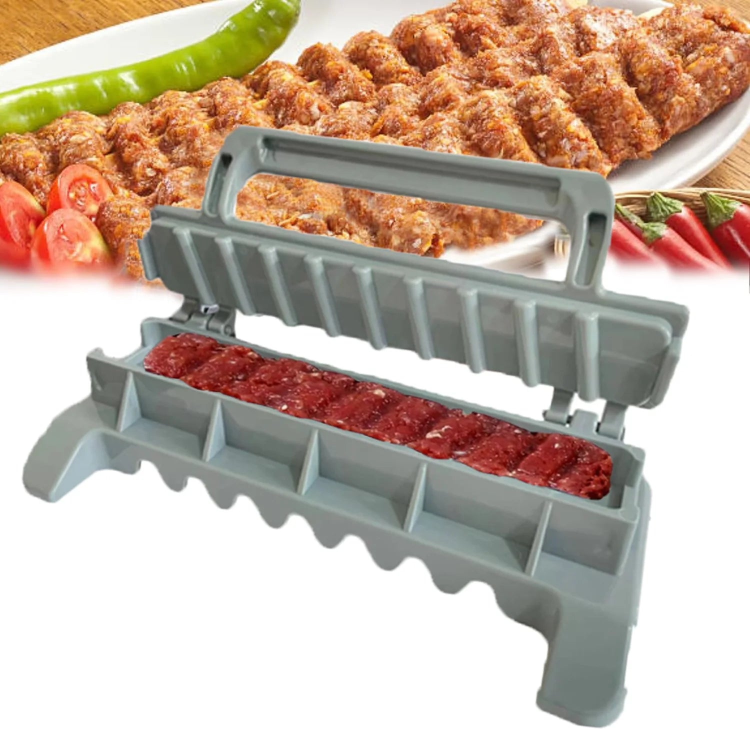 Home Sweet Home reusable BBQ kebab skewer maker and press machine for easy meat and vegetable skewers.