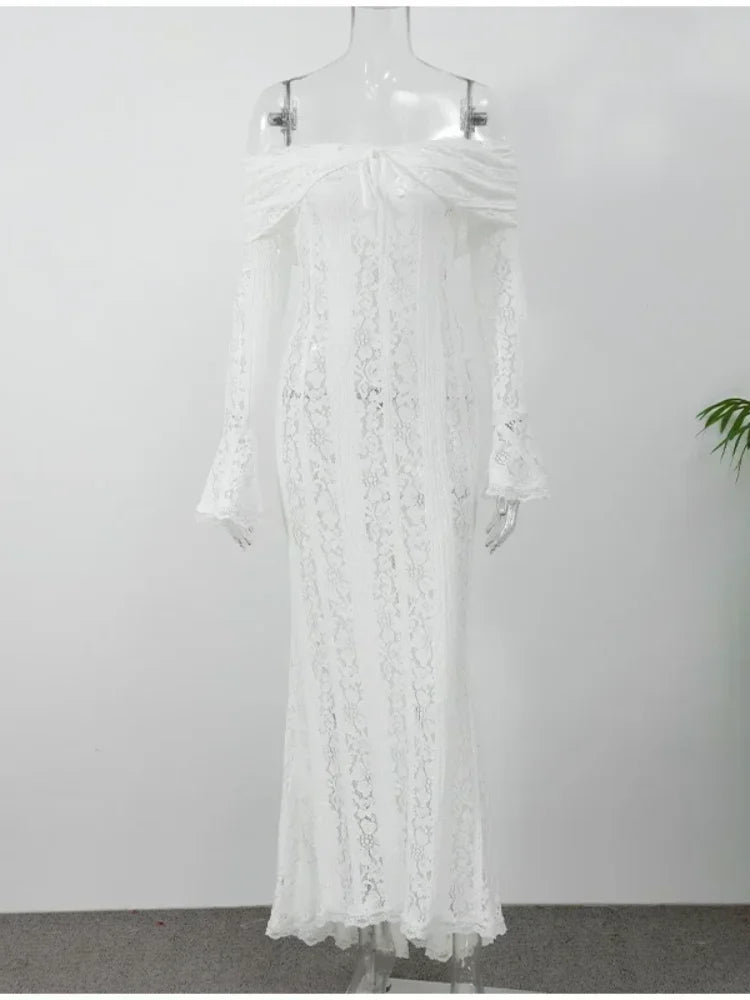 Lace Flare Sleeve Off-Shoulder Maxi Dress – Elegant Mermaid Floor-Length Gown