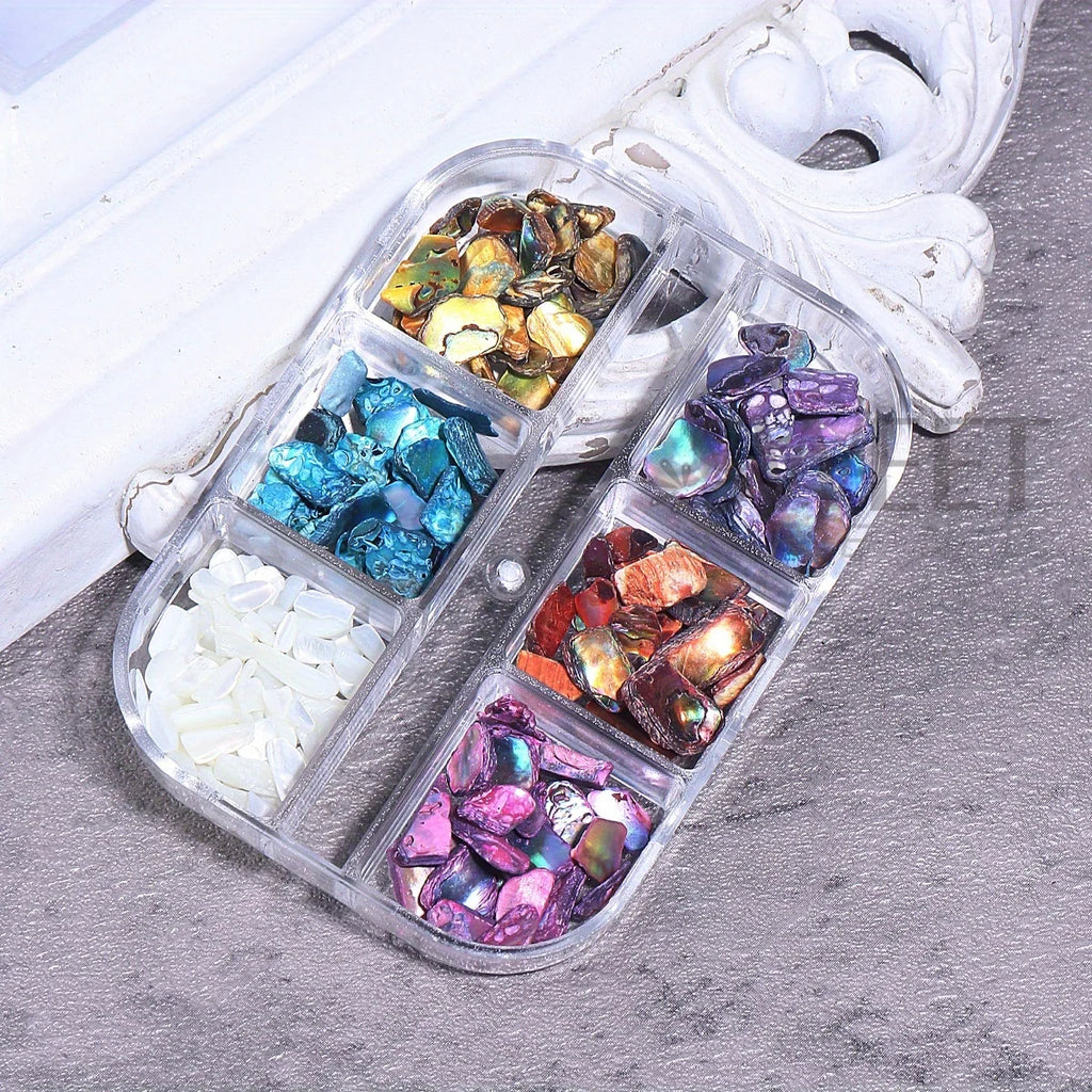 Aurora Abalone Shell Nail Art Decoration Set with 6-grid pearl gemstones for elegant nail designs, by Home Sweet Home.