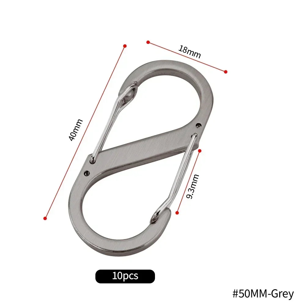 Set of ten stainless steel S-type carabiner clips from Home Sweet Home, featuring durable metal construction and versatile attachment points.