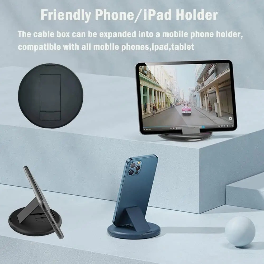 Portable Cable Storage Box 60W Fast Charging Multi-Head USB Cable Organiser Phone Holder