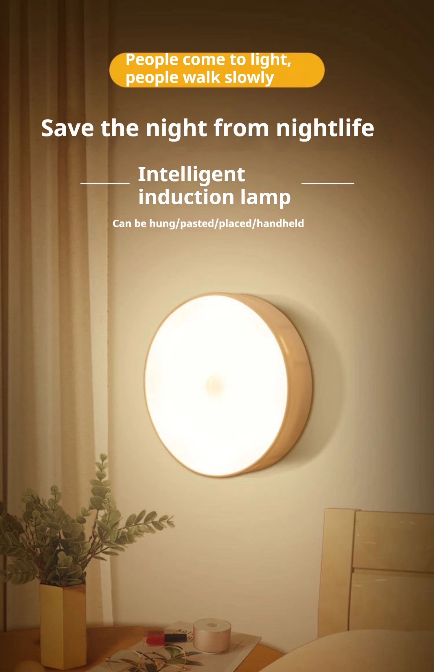 Home Sweet Home Motion Sensor LED Night Light illuminating a dark hallway with a sleek, compact design and automatic sensor activation.