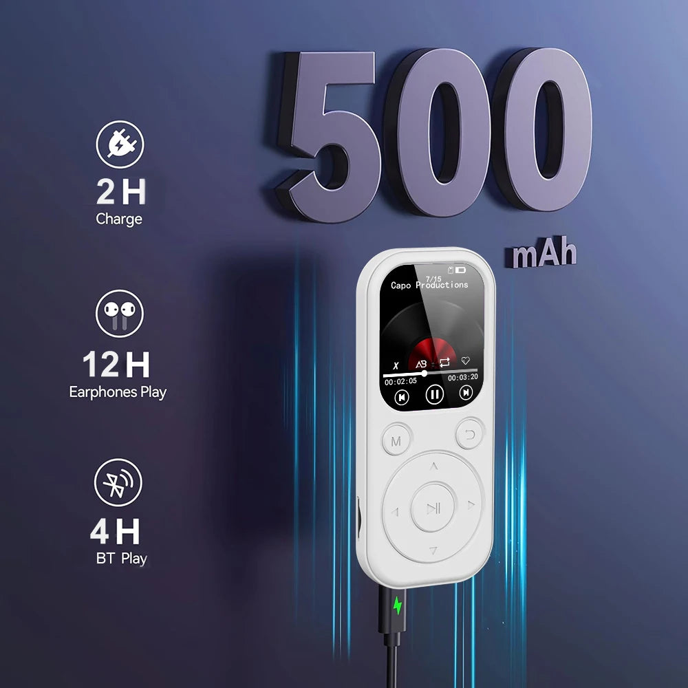 Slim Home Sweet Home MP3 player with Bluetooth 5.4, FM radio, eBook reader, and voice recorder, shown with screen and controls.