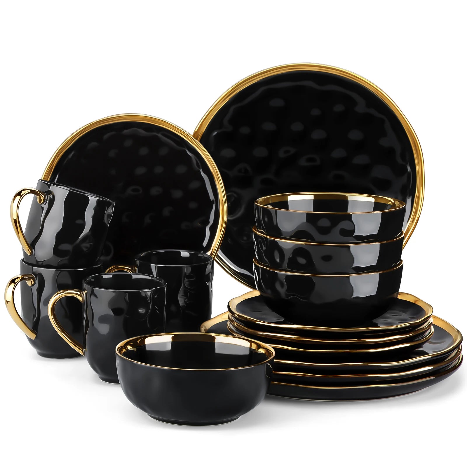LOVECASA Black Porcelain Dinnerware Set with Gold Trim – 16 & 32 Piece