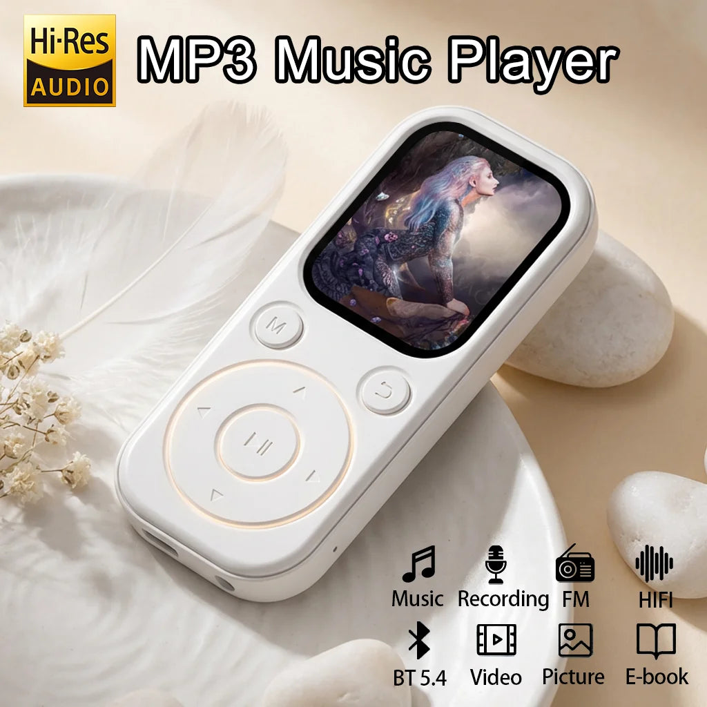 Home Sweet Home Slim MP3 Player with Bluetooth 5.4, FM radio, eBook reader, and voice recorder, shown in a sleek black design.