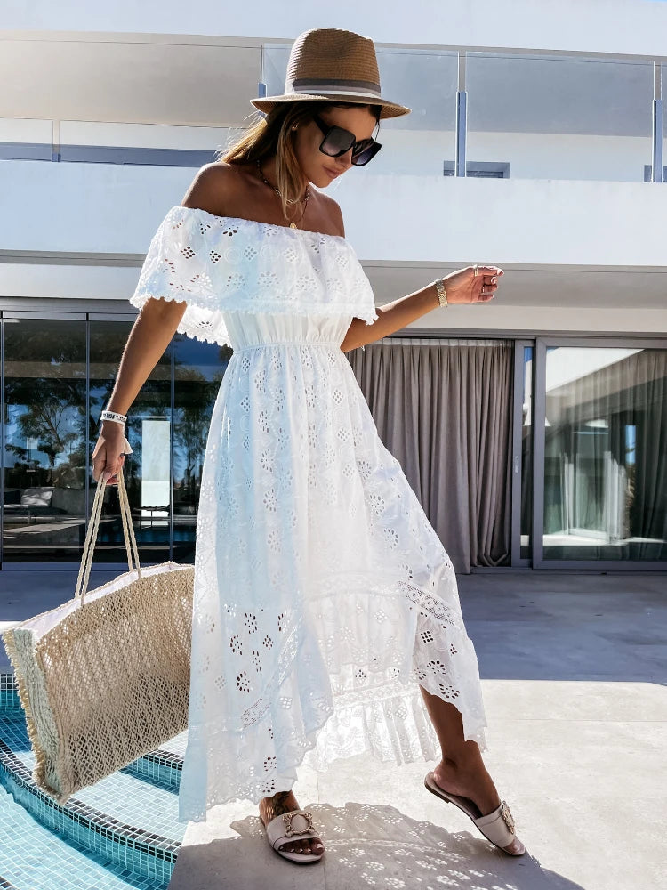 Bohemian Lace Maxi Dress — Strapless, High Waist, Tassel Hem