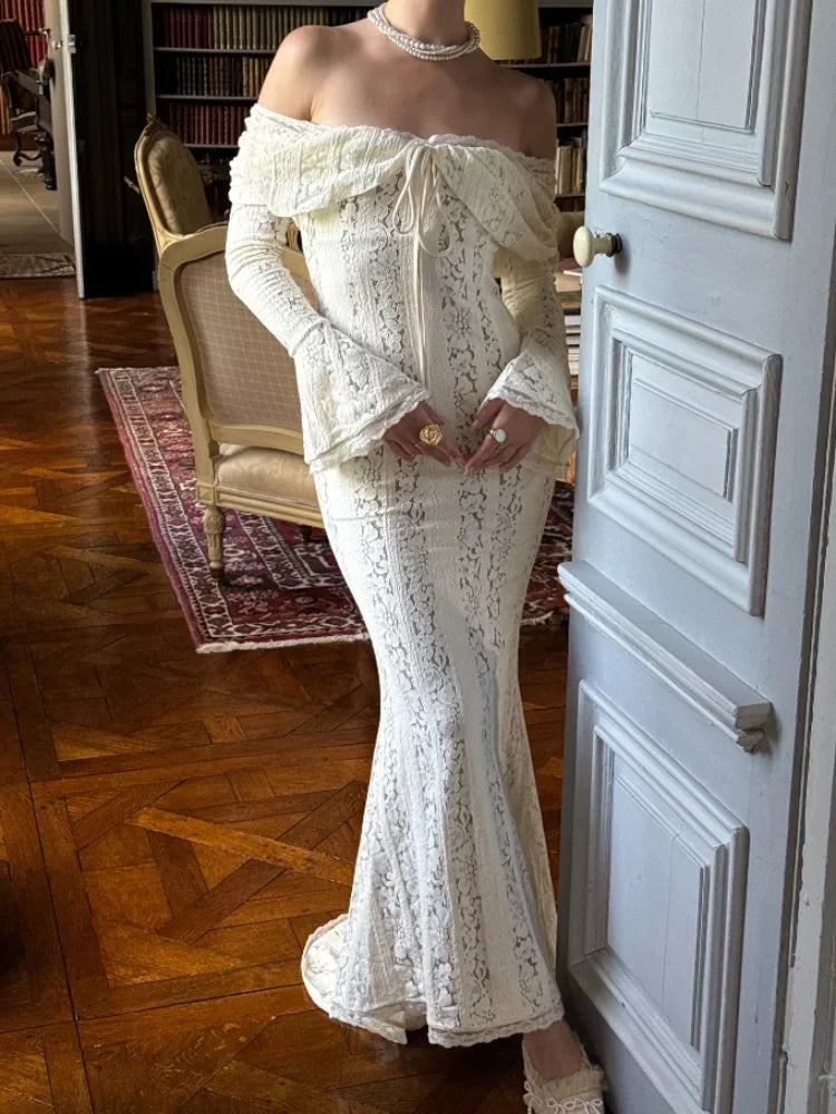 Lace Flare Sleeve Off-Shoulder Maxi Dress – Elegant Mermaid Floor-Length Gown