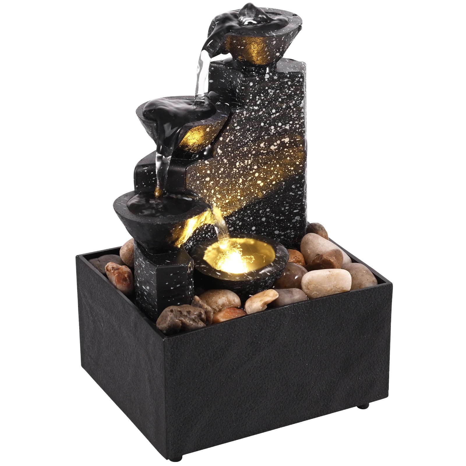 Home Sweet Home tabletop waterfall fountain with soft LED lights, featuring a tranquil desktop water feature and flowing water design.