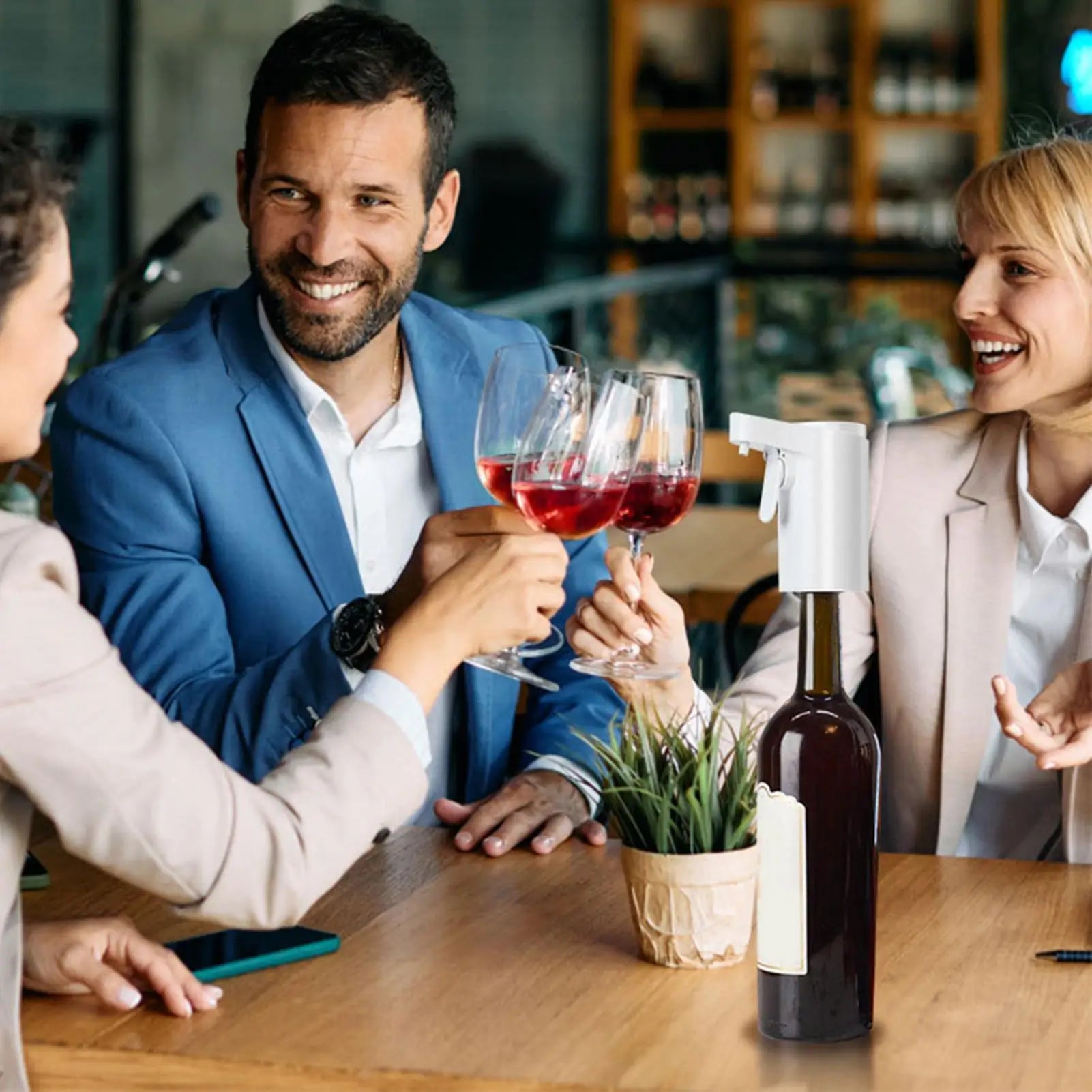 Home Sweet Home electric wine aerator and dispenser with touch screen, showing four pouring modes for smooth wine serving.