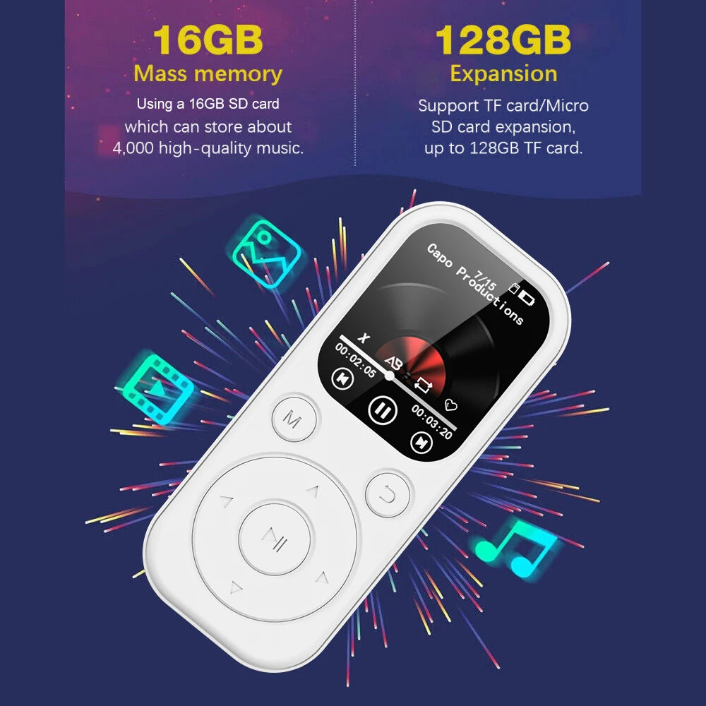 Home Sweet Home Slim MP3 Player with Bluetooth 5.4, FM radio, eBook reader, and voice recorder, shown with screen and controls.