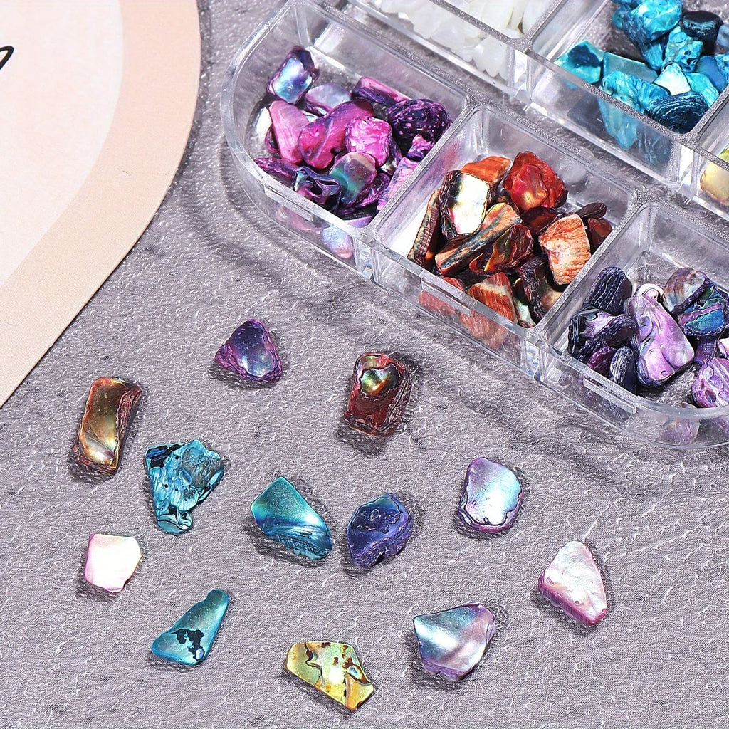 Aurora Abalone Shell Nail Art Decoration Set with 6-grid pearl gemstone kit for elegant nail designs, by Home Sweet Home.