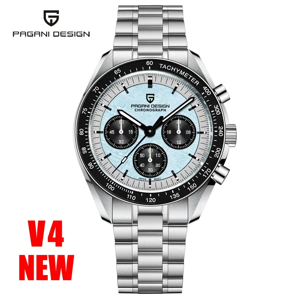 Home Sweet Home PAGANI DESIGN Moonwatch Chronograph Watch with black dial and stainless steel band, detailed close-up image