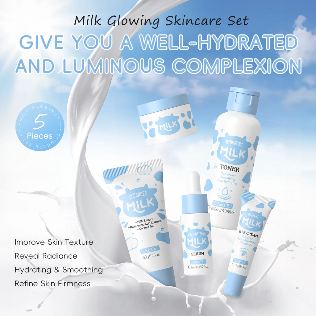 Home Sweet Home Milk Glow Skincare Set with bottles and jars featuring bright packaging and skincare products on a white background