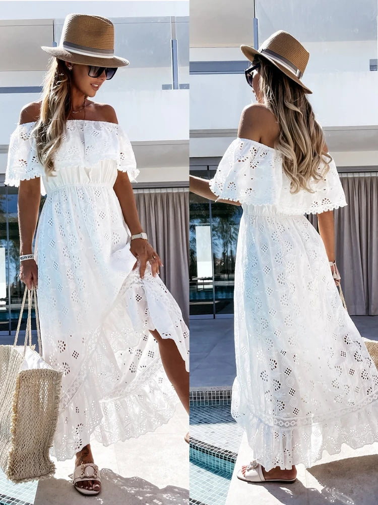Bohemian Lace Maxi Dress — Strapless, High Waist, Tassel Hem