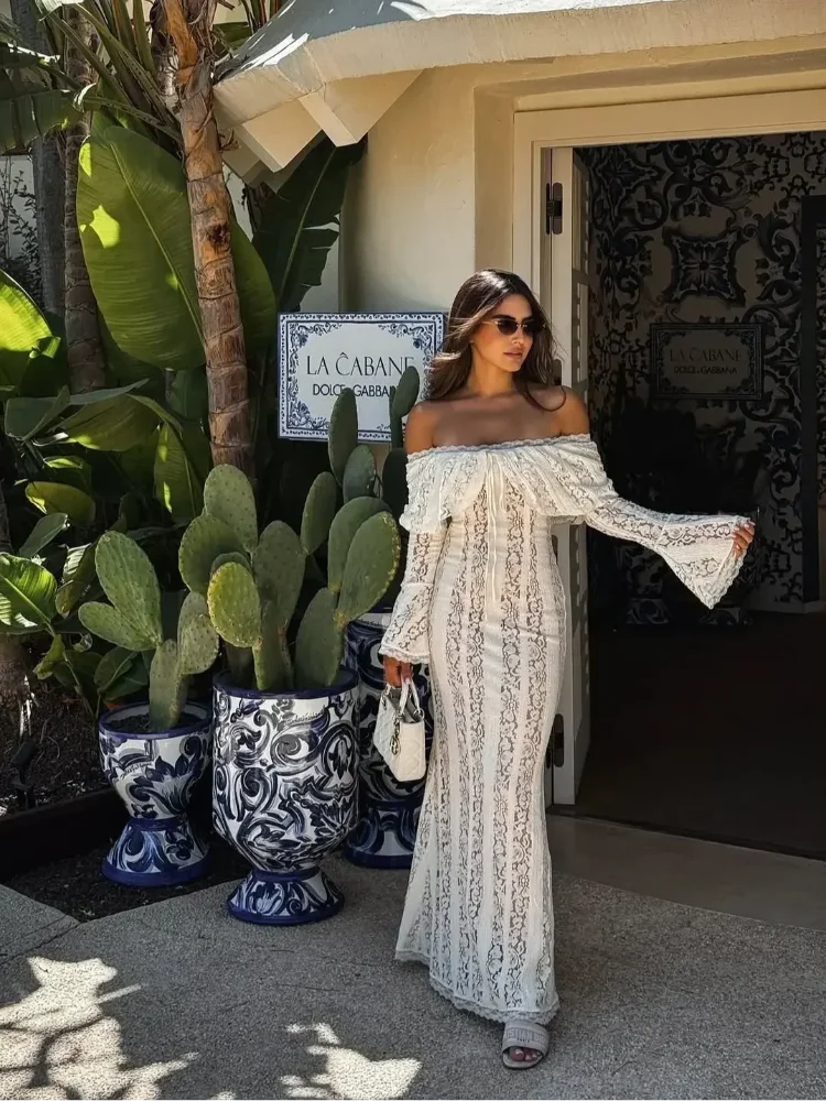 Lace Flare Sleeve Off-Shoulder Maxi Dress – Elegant Mermaid Floor-Length Gown
