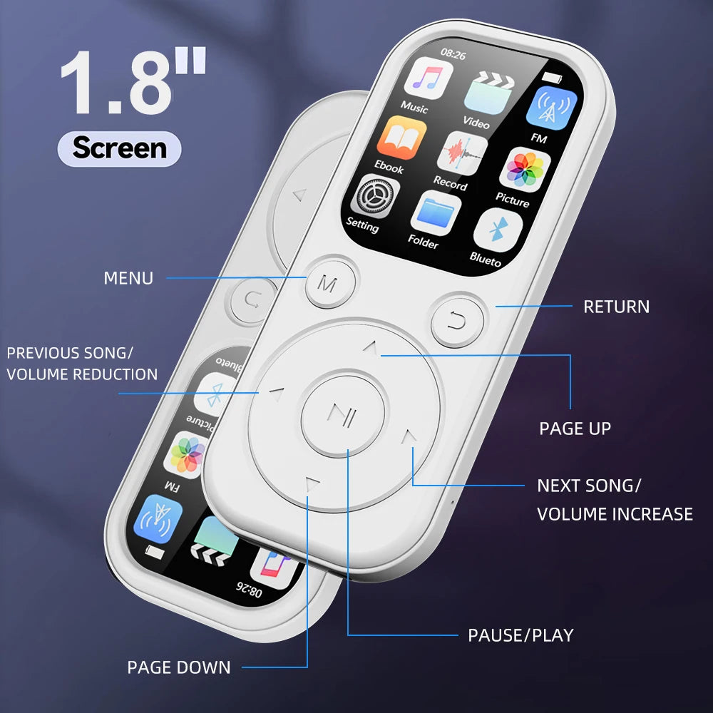 Slim Home Sweet Home MP3 player with Bluetooth 5.4, FM radio, eBook reader, and voice recorder, shown with display and controls