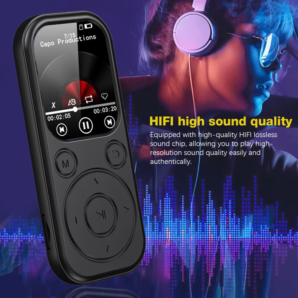 Slim Home Sweet Home MP3 Player with Bluetooth 5.4, FM radio, eBook reader, and voice recorder, shown in the product image.