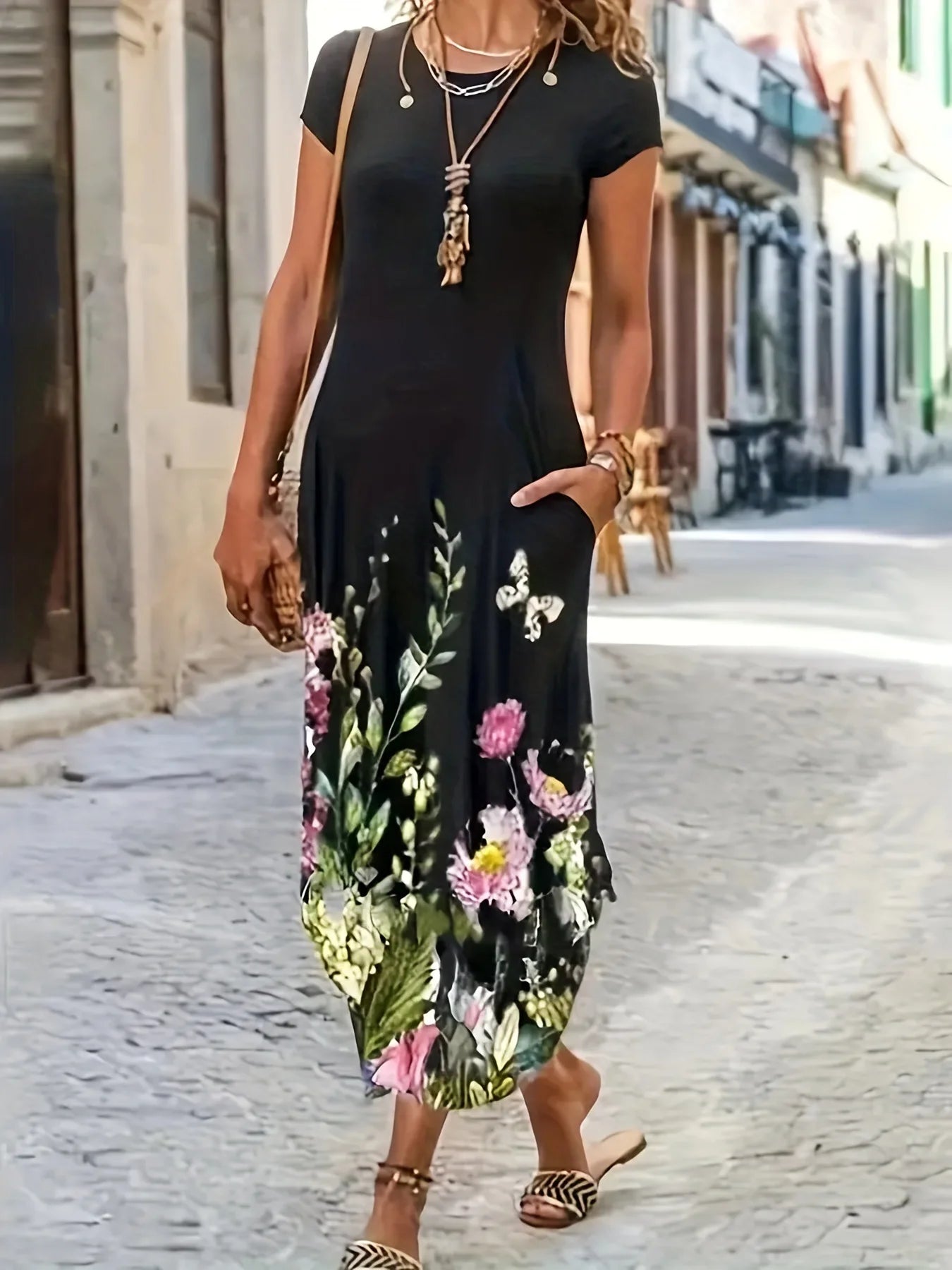 Women’s Printed Pocket Midi Dress — Loose Fit, Short Sleeve, Summer Casual