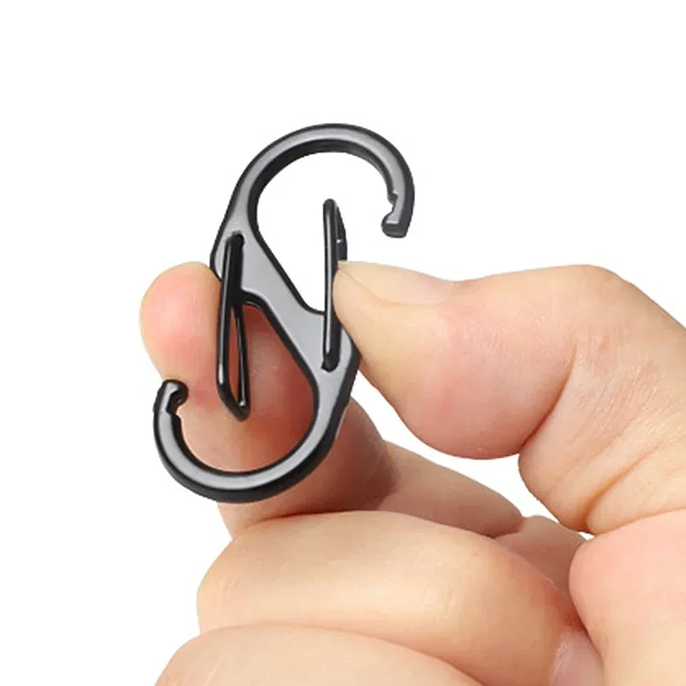 Set of ten stainless steel S-type carabiner clips by Home Sweet Home, showing secure and durable metal hooks for outdoor or gear use.
