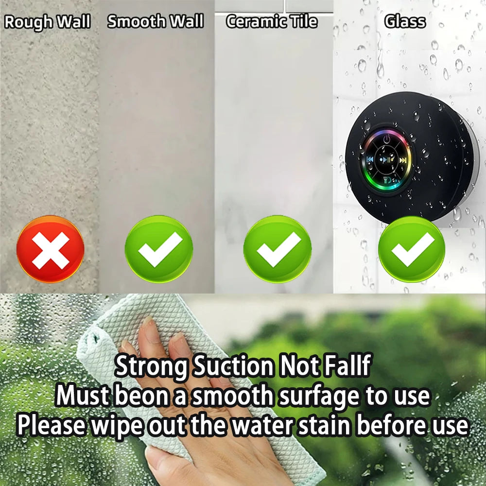 Portable Bluetooth Speaker with LED Light & Suction Cup — IPX4 Waterproof