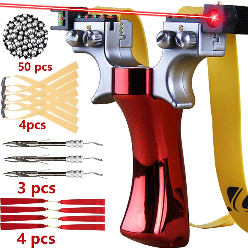 Home Sweet Home laser slingshot with LED light and precision aiming in a close-up shot showing the ergonomic handle and LED attachment.
