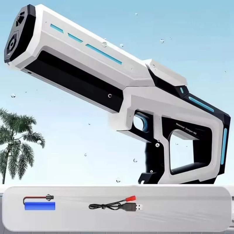 Electric water gun by Home Sweet Home, high-pressure automatic soaker for kids and adults, bright blue and green design with a large water tank.