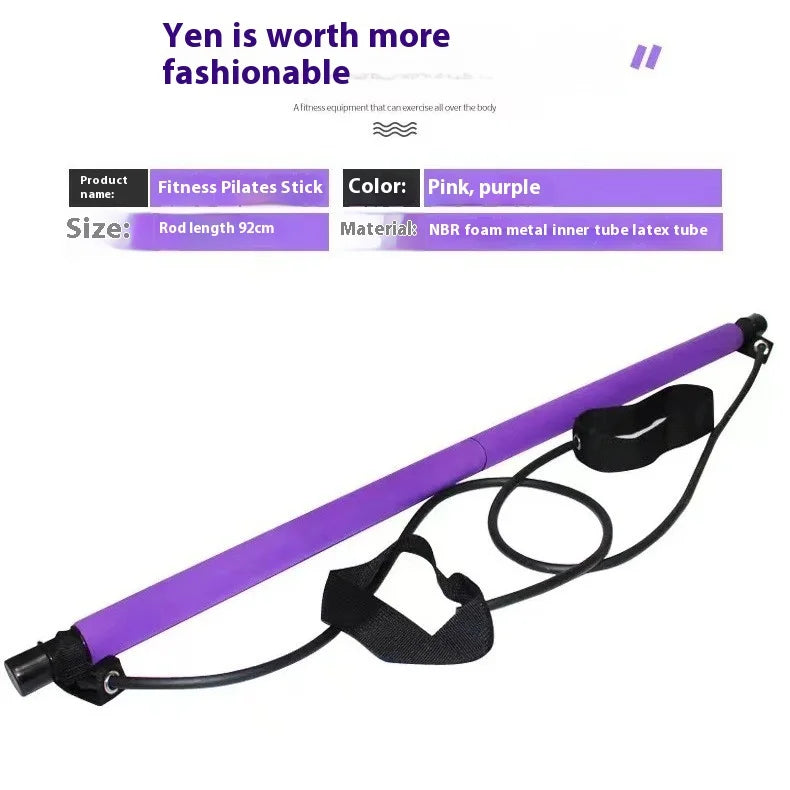 Home Sweet Home Pilates Stick with adjustable exercise bar and elastic resistance bands for full-body fitness workouts.