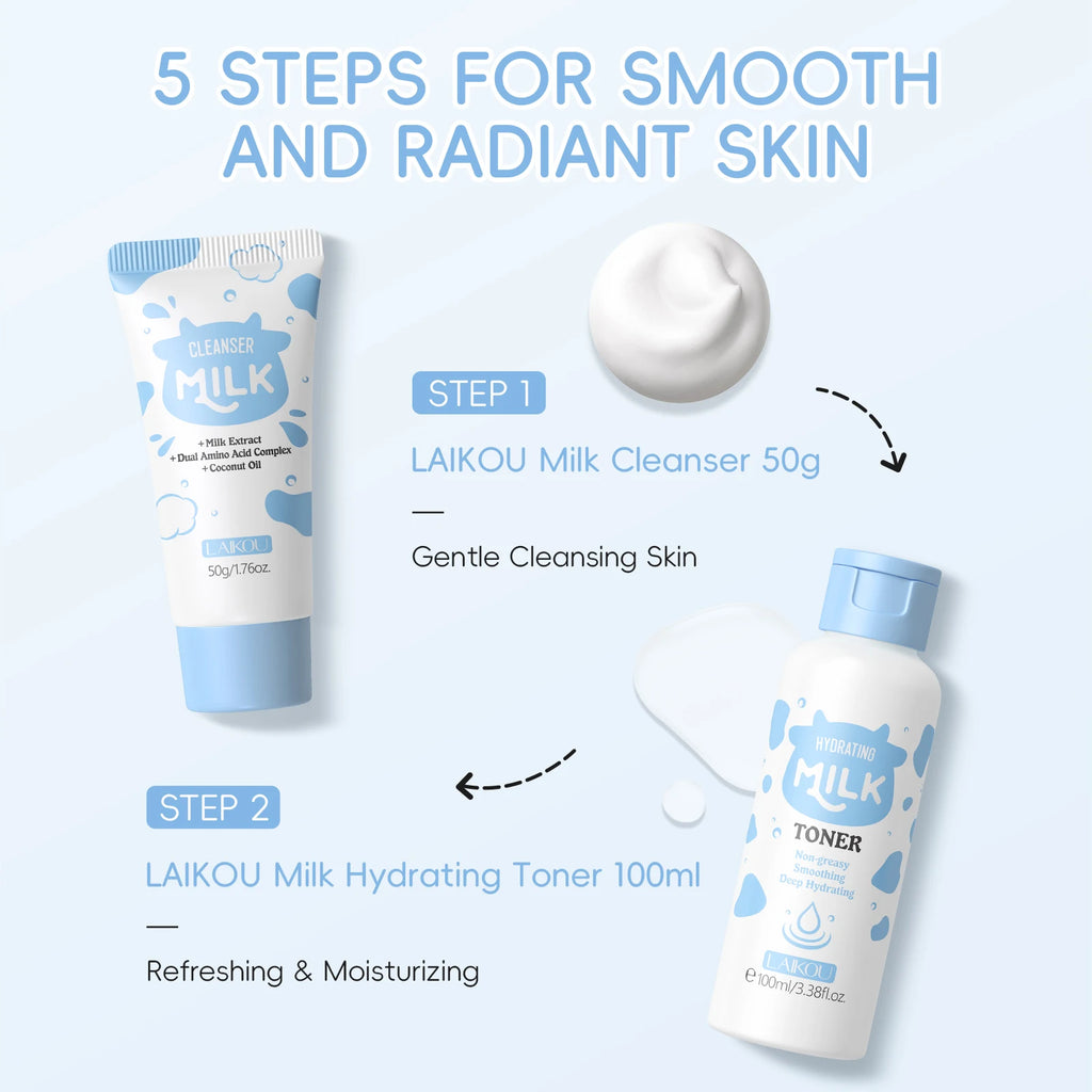 Home Sweet Home Milk Glow Skincare Set with bottles and jars featuring a soft, glowing aesthetic and gentle skincare products.