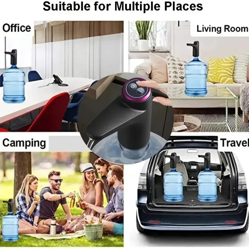 Portable 5-gallon water dispenser pump with USB charging from Home Sweet Home, shown with water bottle and pump in use.