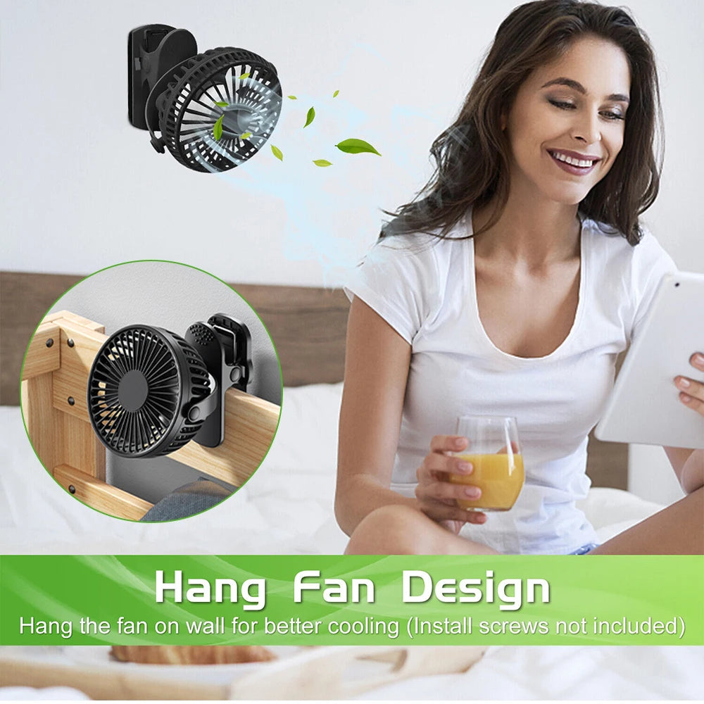 Home Sweet Home portable clip-on mini fan attached to a desk, compact and lightweight for personal cooling.