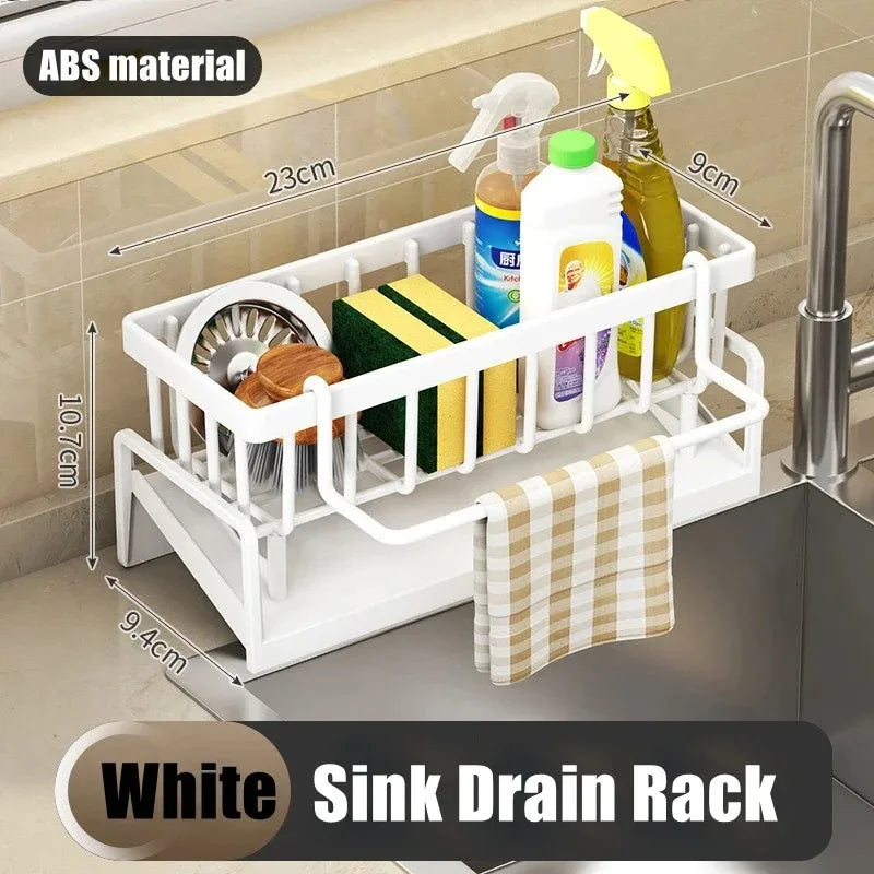Kitchen Sink Drain Rack & Storage Shelf – No-Drill ABS Organiser with Towel Bar & Drip Tray