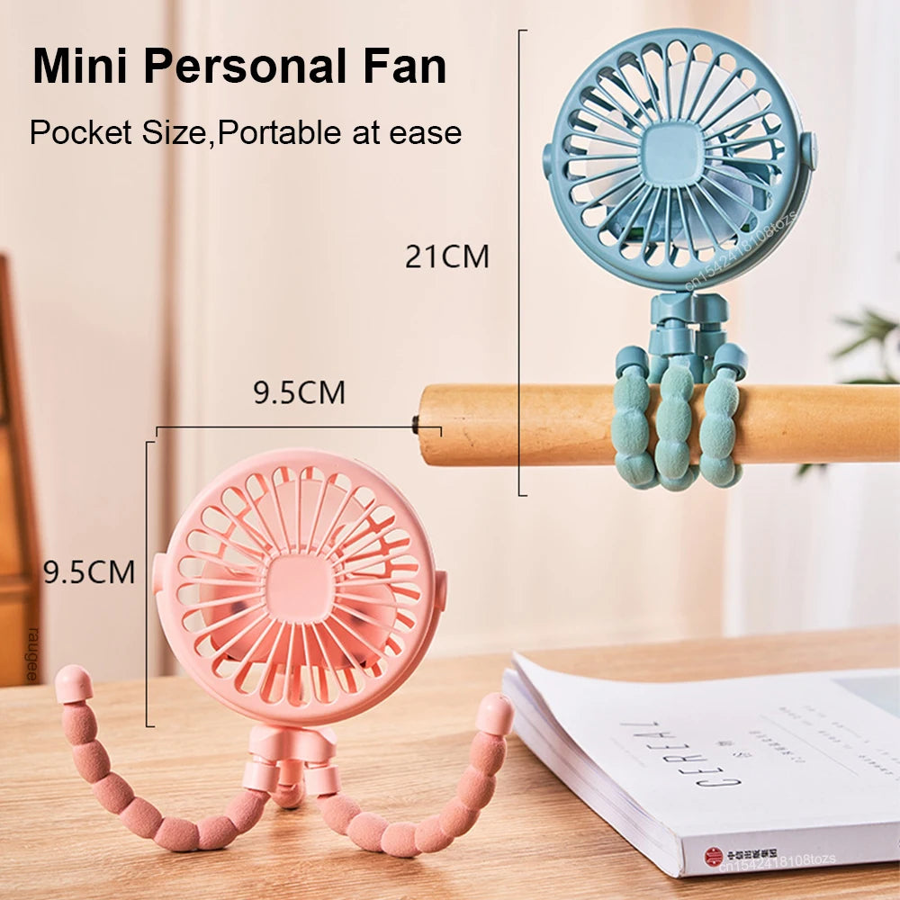 Portable mini clip fan by Home Sweet Home, USB rechargeable with 360° flexible tripod for versatile cooling.