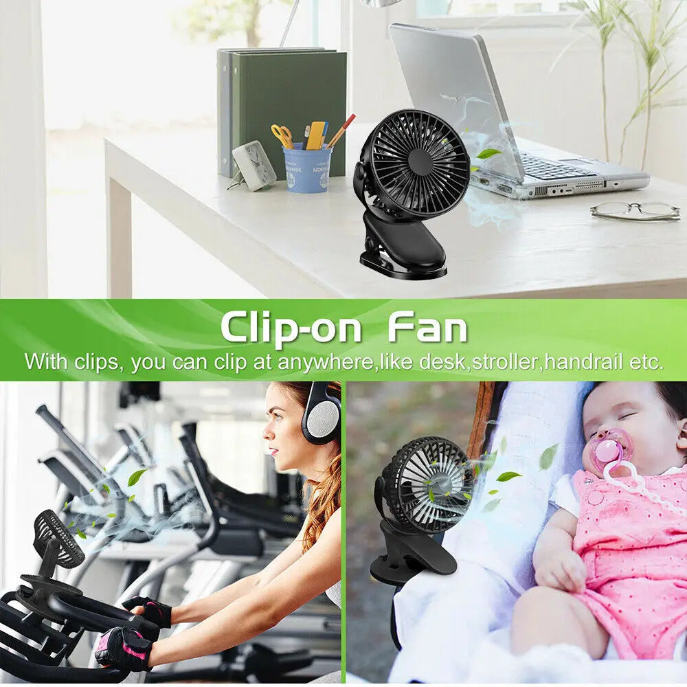 Home Sweet Home portable clip-on mini fan clipped onto a surface, compact design with adjustable airflow for personal cooling.