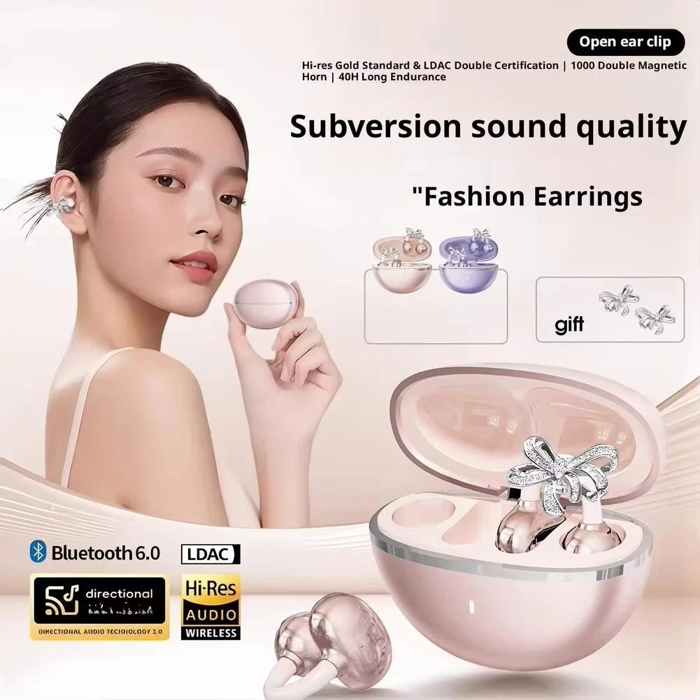 Vivo Open-Ear Bluetooth Clip-On Earbuds with Crystal Bowknot Earrings