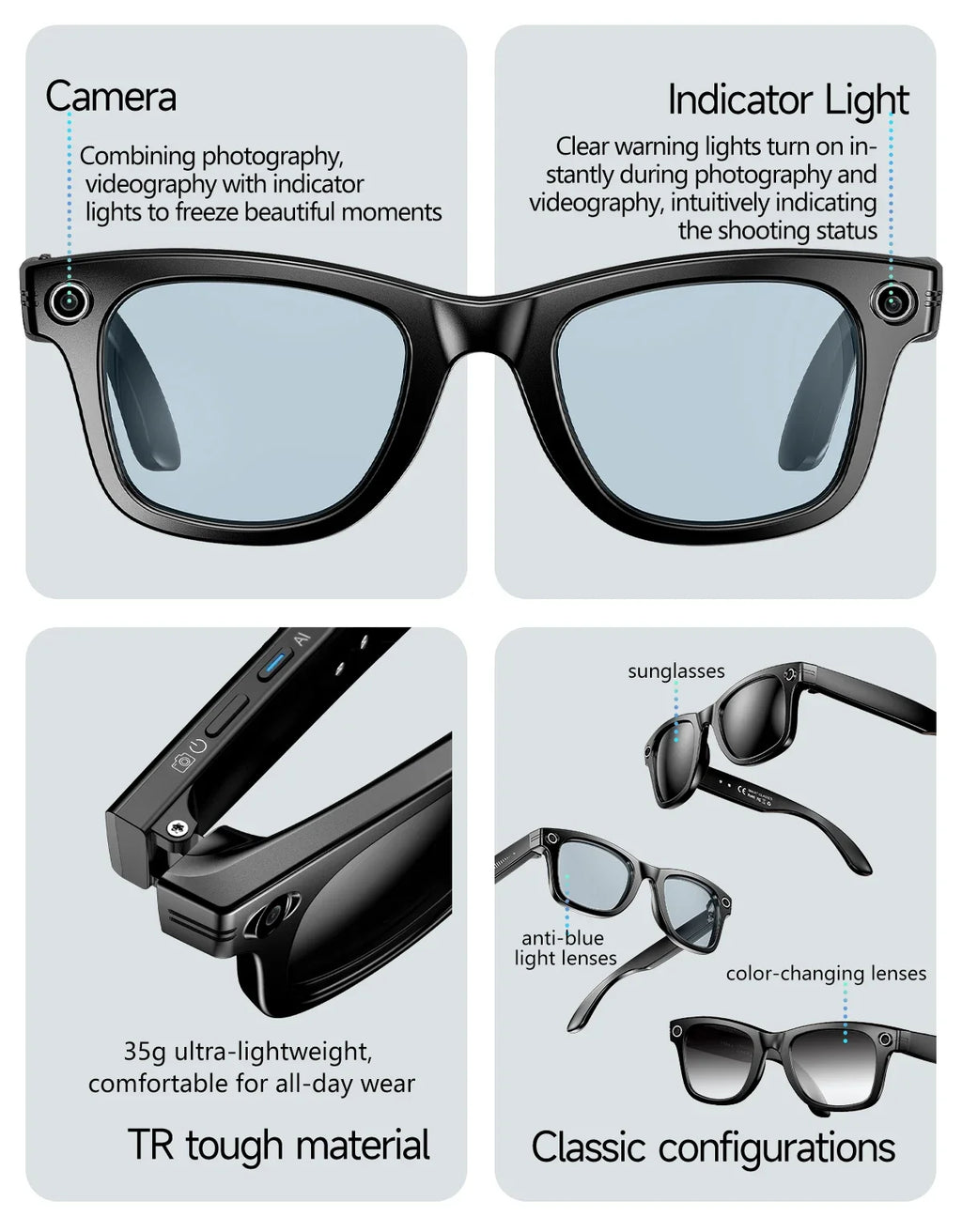 Home Sweet Home AI smart glasses with 8MP camera, Bluetooth, multilingual support, and ChatGPT 4.0 functionality.