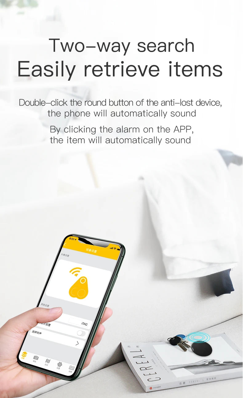 Home Sweet Home Bluetooth key finder and item tracker with compact design and keyring attachment for easy locating of keys and belongings.