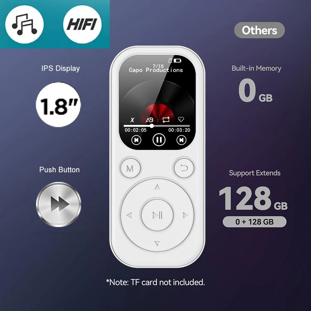 Slim Home Sweet Home MP3 Player with Bluetooth 5.4, FM radio, eBook reader, and voice recorder showing the device with screen and controls.