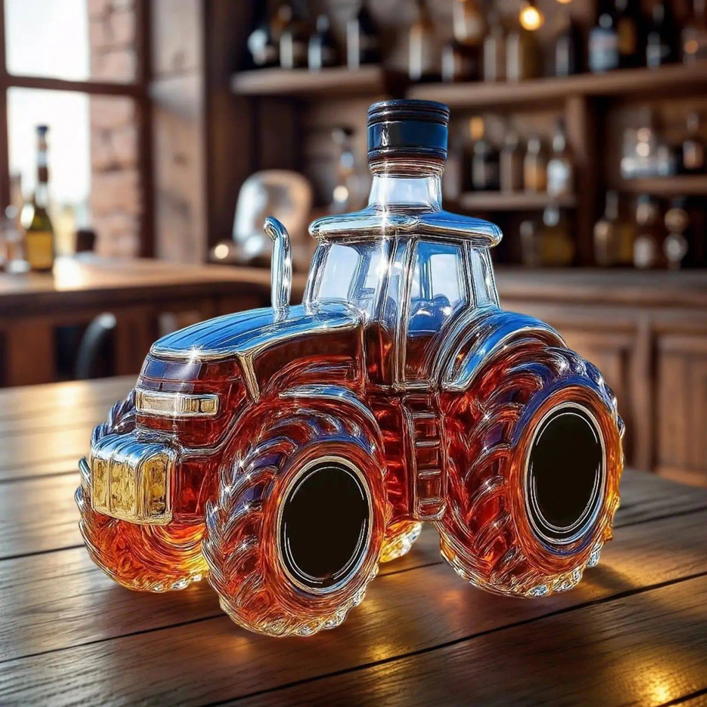Home Sweet Home tractor-shaped whiskey decanter bottle, 300ml glass liquor decanter with detailed tractor design.